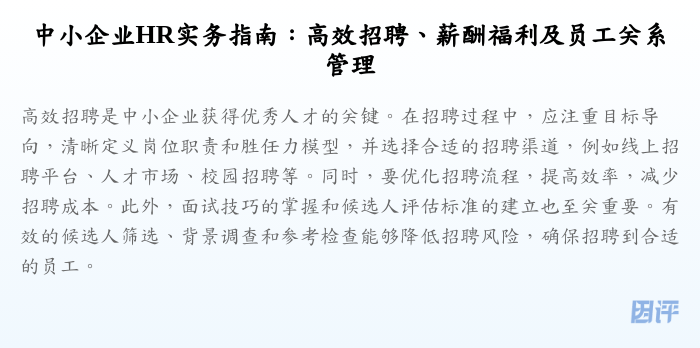 中小企业HR实务指南:高效招聘、薪酬福利及员工关系管理