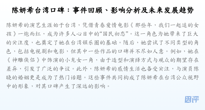 陈妍希台湾口碑:事件回顾、影响分析及未来发展趋势