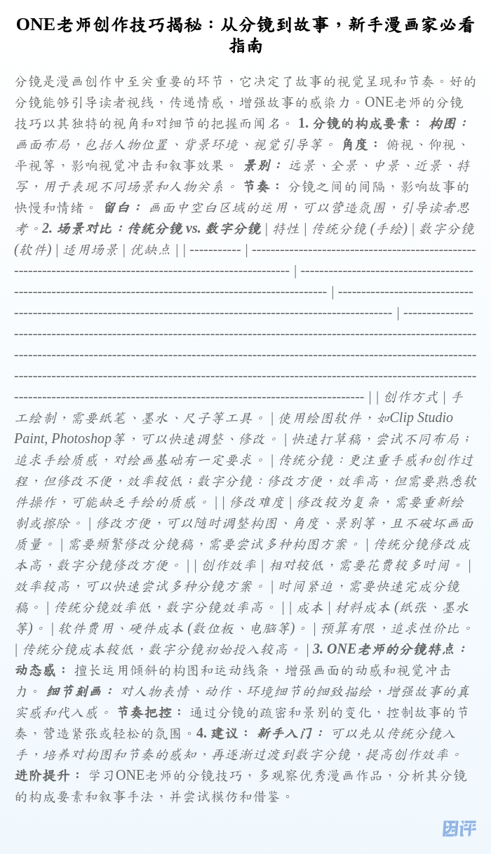ONE老师创作技巧揭秘:从分镜到故事,新手漫画家必看指南