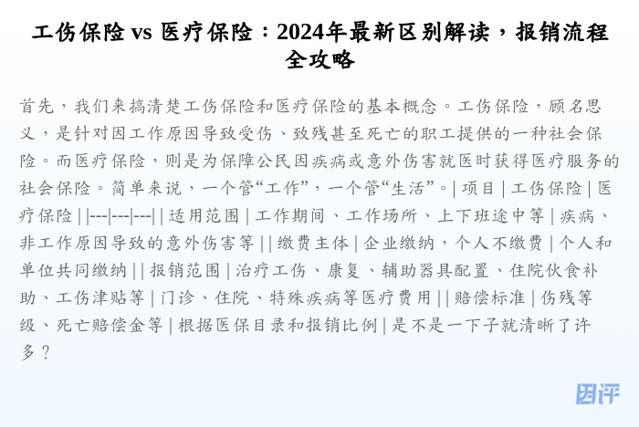 工伤保险 vs 医疗保险:2024年最新区别解读,报销流程全攻略