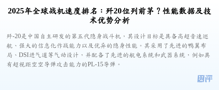 2025年全球战机速度排名:歼20位列前茅?性能数据及技术优势分析
