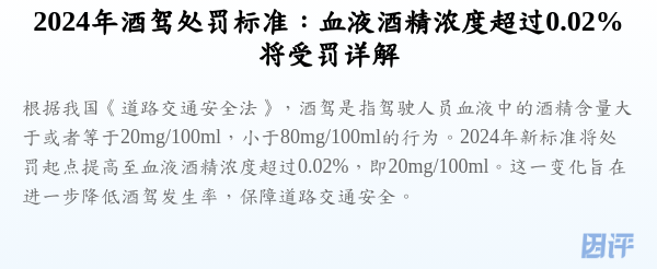 2024年酒驾处罚标准：血液酒精浓度超过0.02%将受罚详解