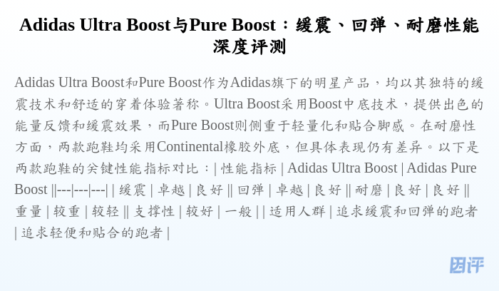 Adidas Ultra Boost与Pure Boost：缓震、回弹、耐磨性能深度评测