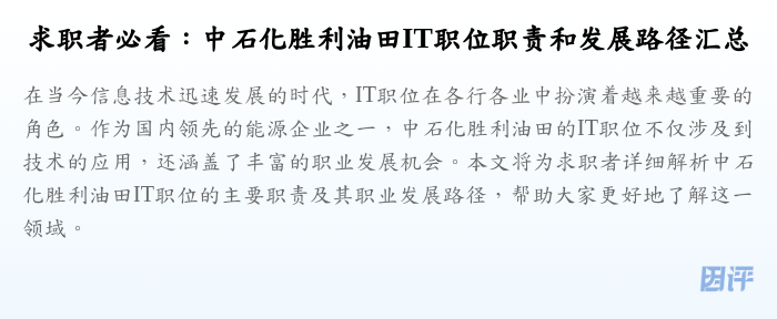 求职者必看：中石化胜利油田IT职位职责和发展路径汇总