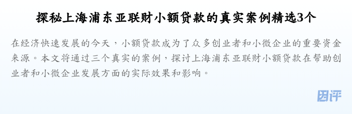 探秘上海浦东亚联财小额贷款的真实案例精选3个