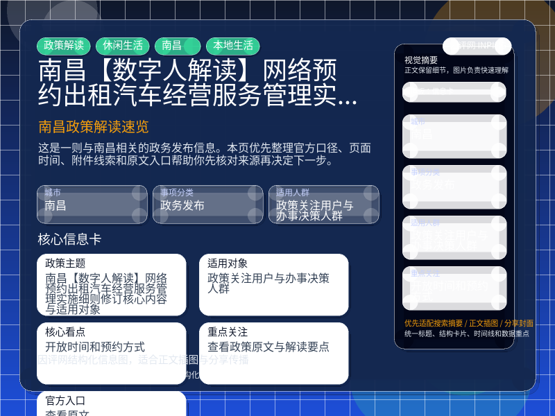 南昌【数字人解读】网络预约出租汽车经营服务管理实施细则(修订)核心内容与适用对象 信息图封面