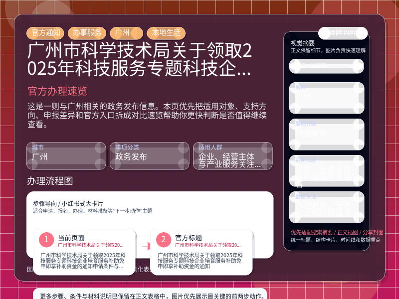 广州市科学技术局关于领取2025年科技服务专题(科技企业培育服务补助)“免申即享”补助资金的通知申请条件与补助标准 信息图封面